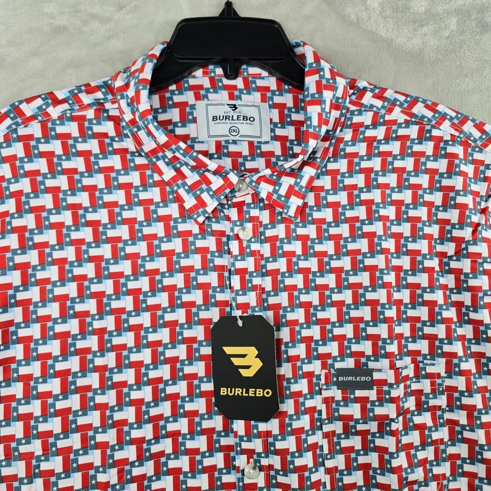 BURLEBO Performance Button Up Mens 2XL Red White Blue Texas Flag Short Sleeve